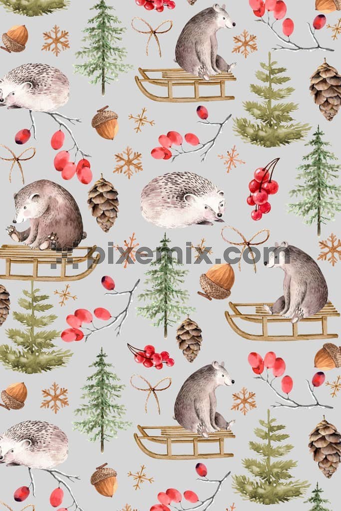 Christmas tree and animals product graphic with seamless repeat pattern