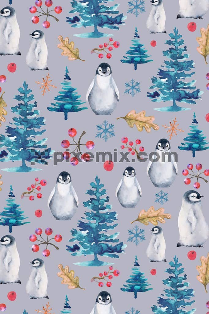 Penguin and christmas tree product graphic with seamless repeat pattern