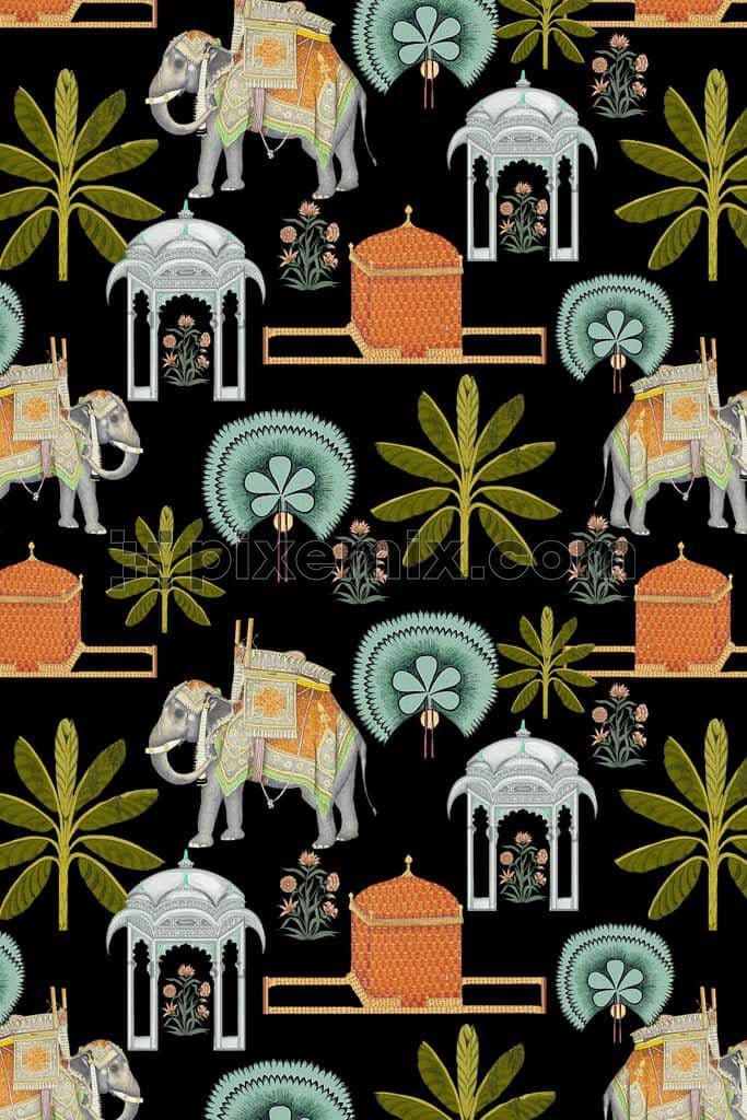 Mughal art inspired banana tree and elephants product graphic with seamless repeat pattern