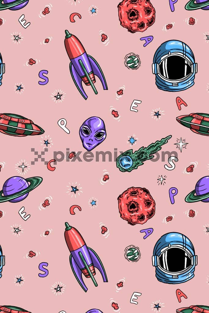 Dodole art inspired rocket and alien  product graphic with seamless repeat pattern