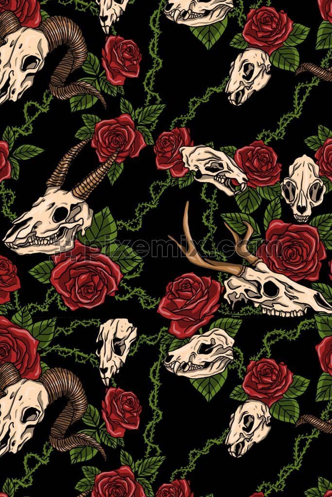 Rose and animal skull  product graphic with seamless repeat pattern