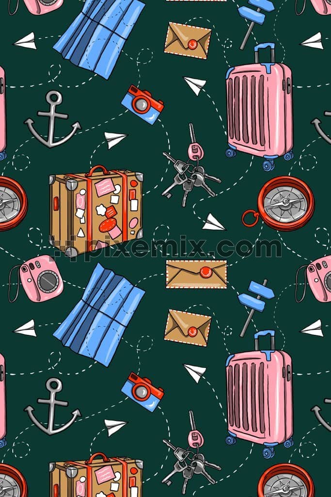 adventure inspired travel bag and key product graphic with seamless repeat pattern