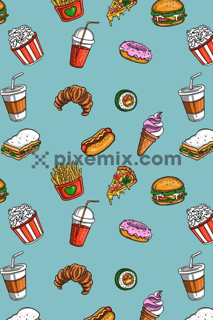 Dessert and burger product graphic with seamless repeat pattern 