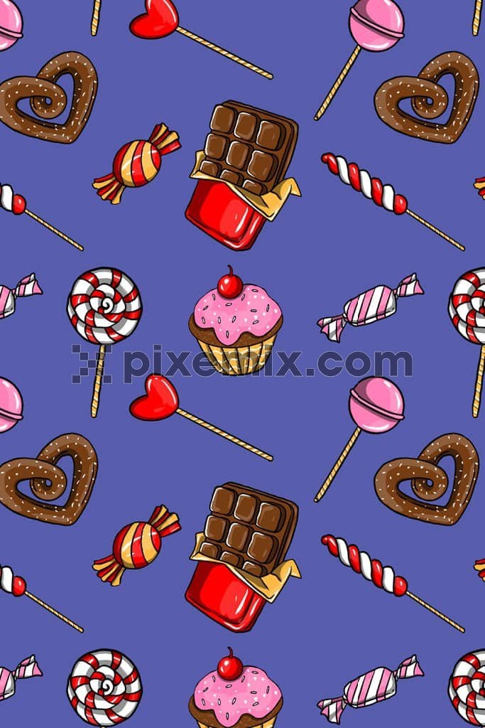 Sweet candy and chocolate bar product graphic with seamless repeat pattern
