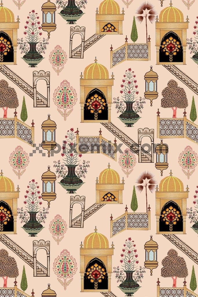 Mughal art architecture and florals product graphic with seamless repeat pattern