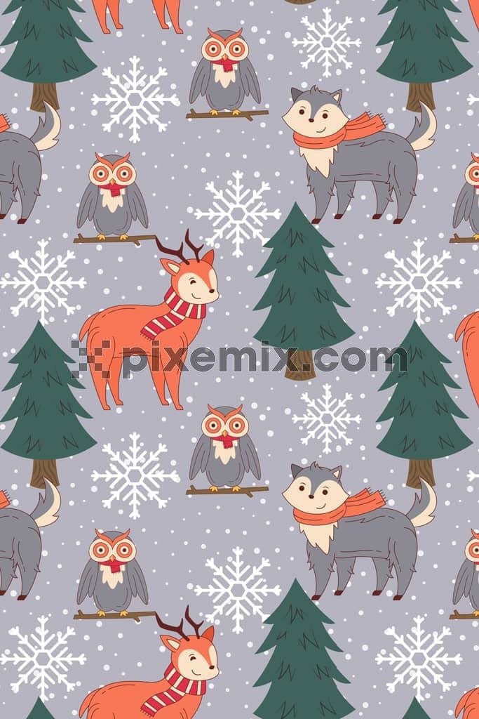 Winter inspired Cute animals and christmas tree product graphic with seamless repeat pattern
