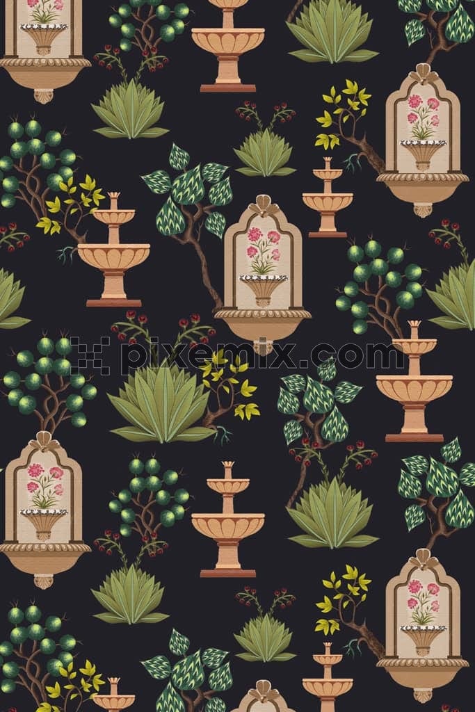 Mughal art inspired leaf and florals product graphic with seamless repeat pattern