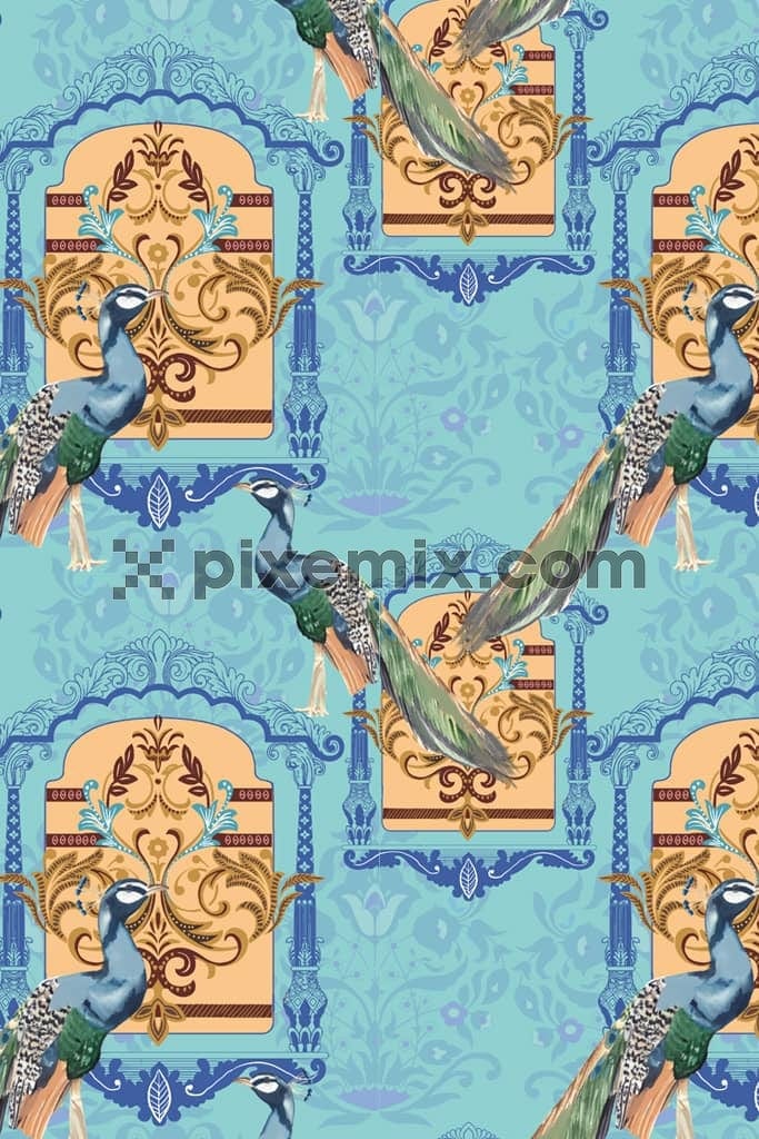 Paisley art and peacock product graphic with seamless repeat pattern