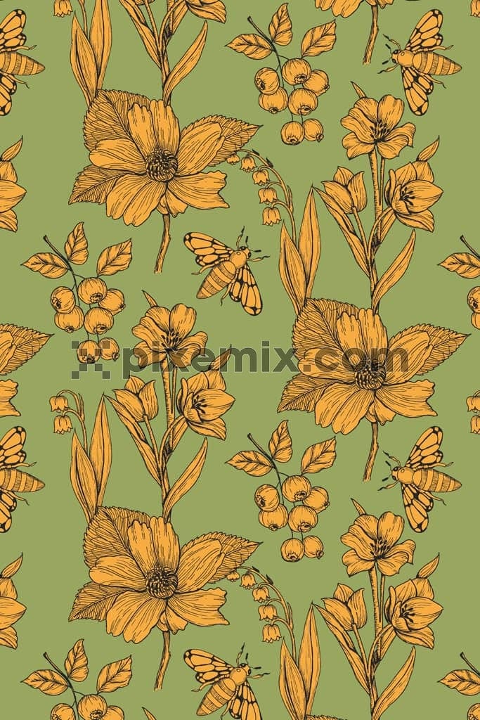 Lineart florals and bee product graphic with seamless repeat pattern