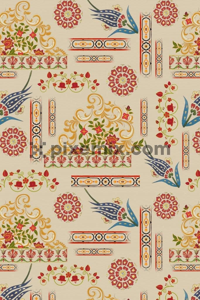 Mughal art inspired product graphic with seamless repeat pattern