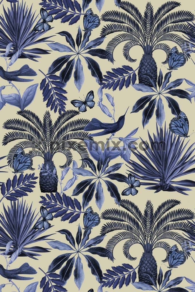 Tropical leaf and butterflies product graphic with seamless repeat pattern