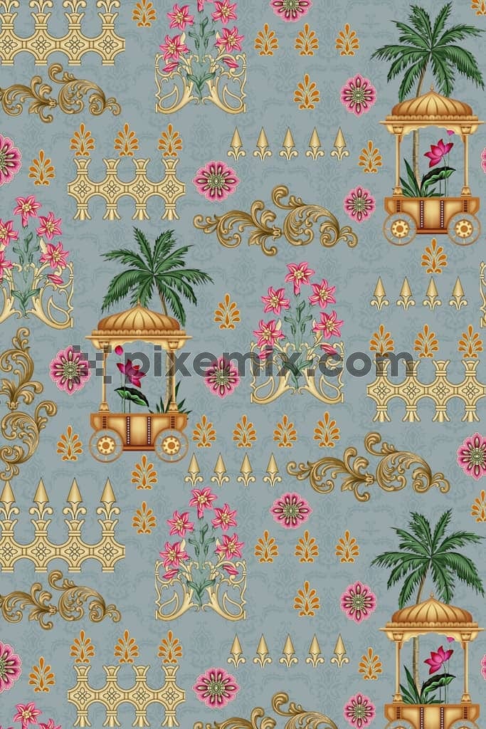 Mughal art florals and leaf product graphic with seamless repeat pattern