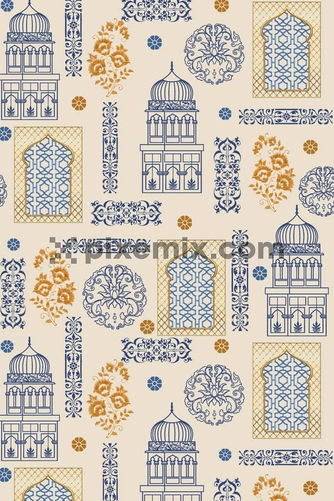 Mughal inspired doodleart architecture product graphic with seamless repeat pattern