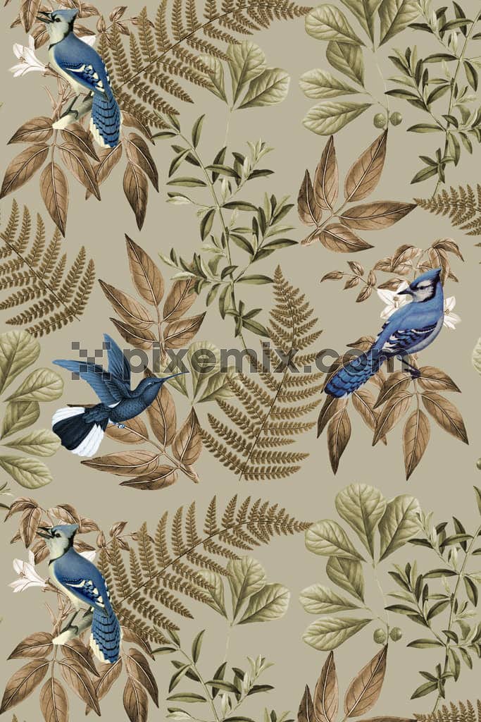 Tropical leaf and birds product graphic with seamless repeat pattern