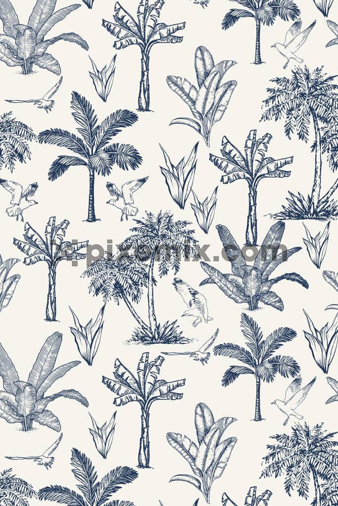 Lineart inspired tropical tree and birds product graphic with seamless repeat pattern