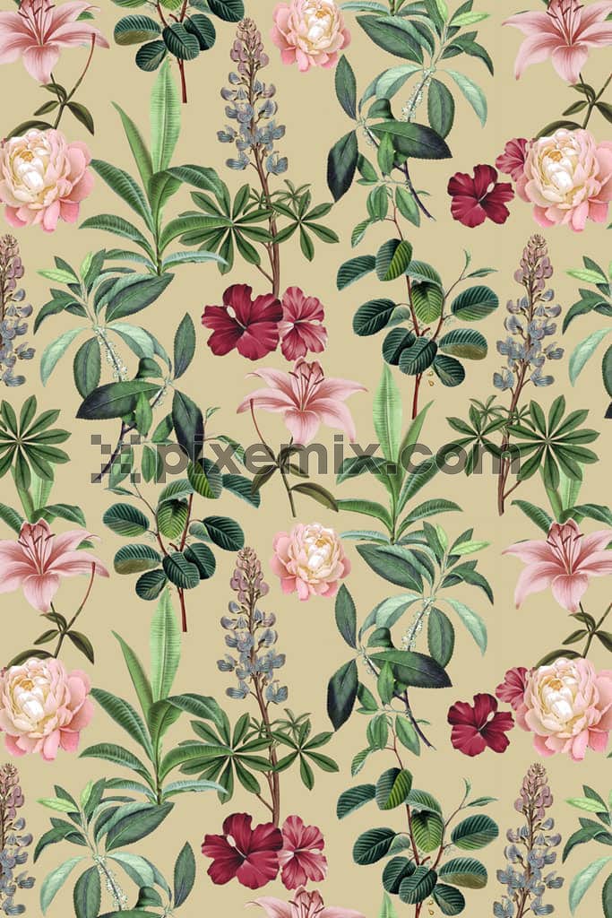 Tropical leaves and florals product graphic with seamless repeat pattern