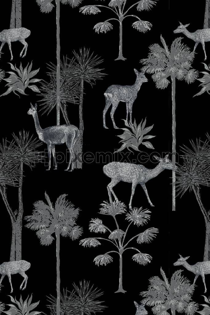 Monochrome tree and dear product graphic with seamless repeat pattern