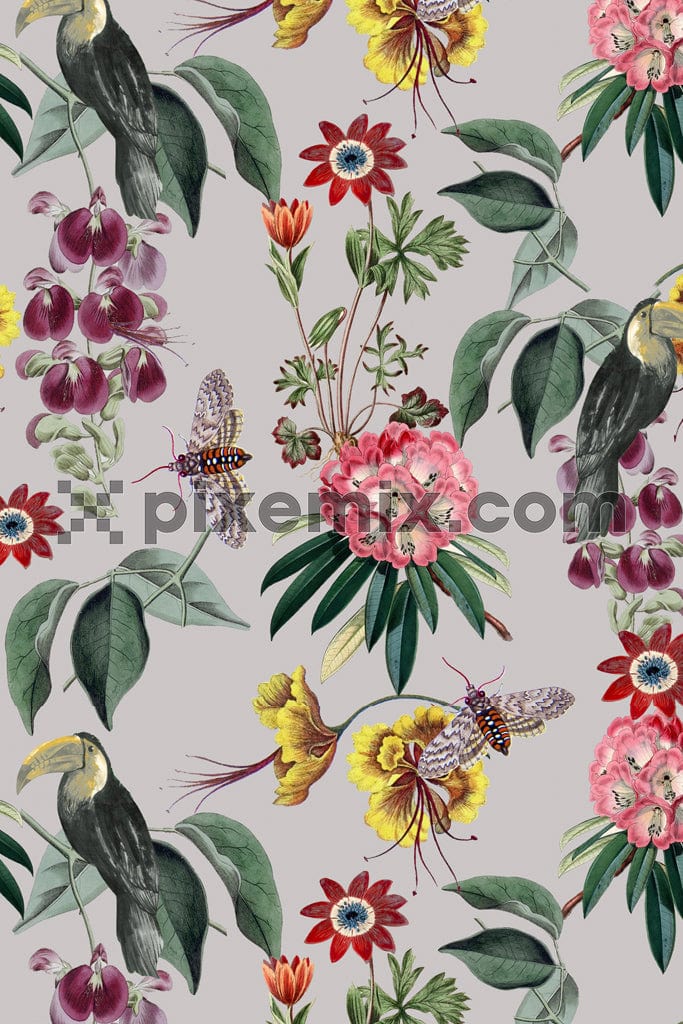 Florals and birds product graphic with seamless repeat pattern