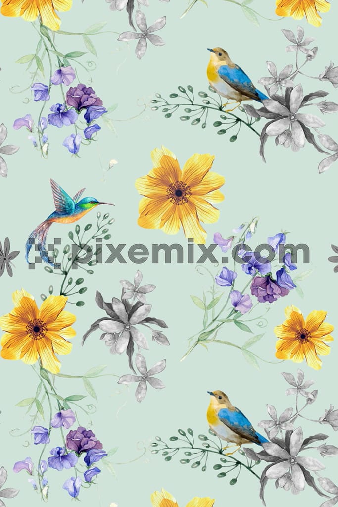 Watercolor floral and birds product graphic with seamless repeat pattern
