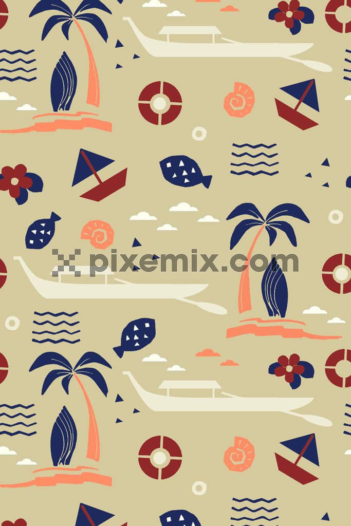 Doodleart inspired nautical beach product graphic with seamless repeat pattern