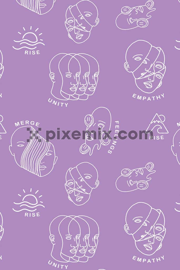 Lineart face and typography product graphic with seamless repeat pattern