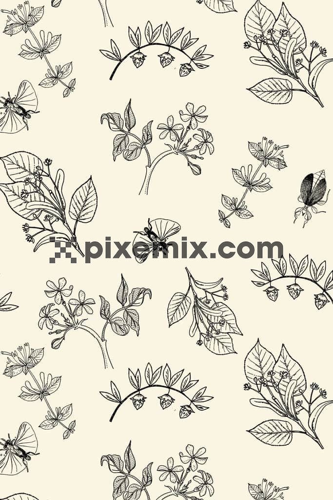 Lineart leaf and florals product graphic with seamless repeat pattern