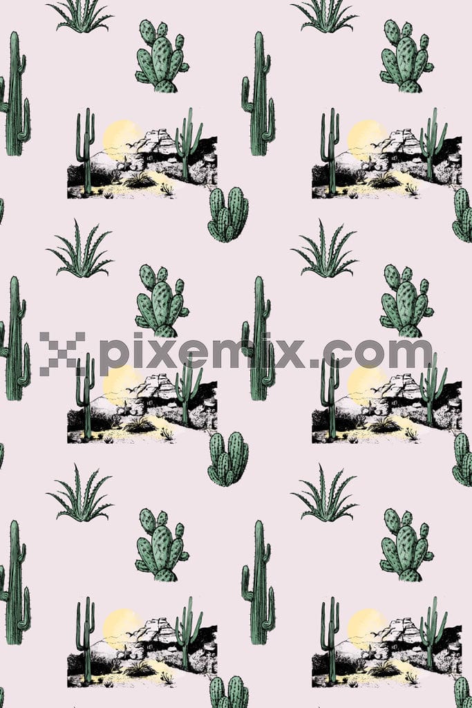 Desert inspired cactus and mountain produxt graphic with seamless repeat pattern