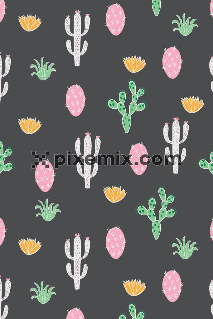 Doodle cactus product graphic with seamless repeat pattern