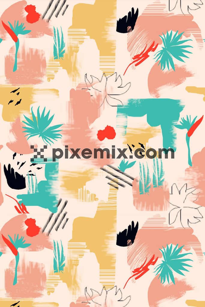 Abstract brush stroke and tropical leaf product graphic with seamless repeat pattern