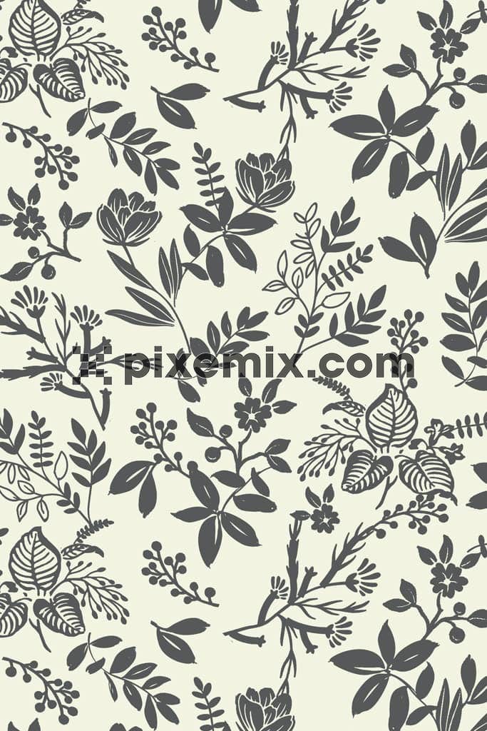 Monochrome florals and leaf product graphic with seamless repeat pattern