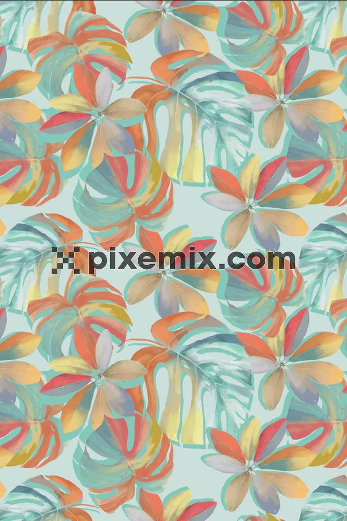 Watercolor tropical florals and leaf product graphic with seamless repeat pattern