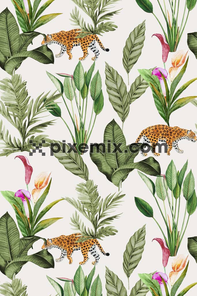 Tropical leaves and tiger product graphic with seamless repeat pattern
