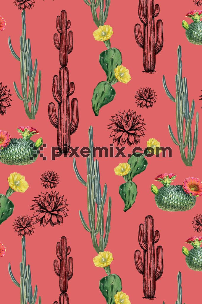 Watercolor cactus and florals product graphic with seamless repeat pattern