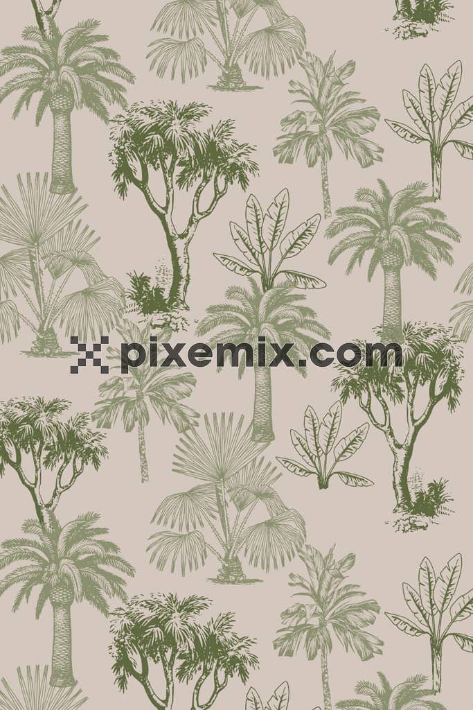 Monochrome tropical tree product graphic with seamless repeat pattern