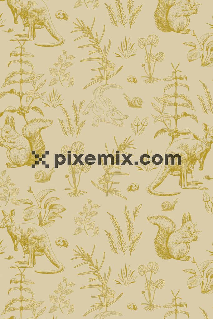 Line art inspired tropical animal product graphic with seamless repeat pattern