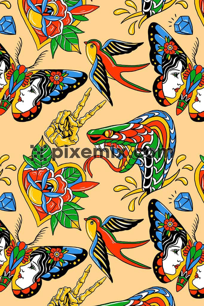 Surreal art inspired snake and butterfly product graphic with seamless repeat pattern