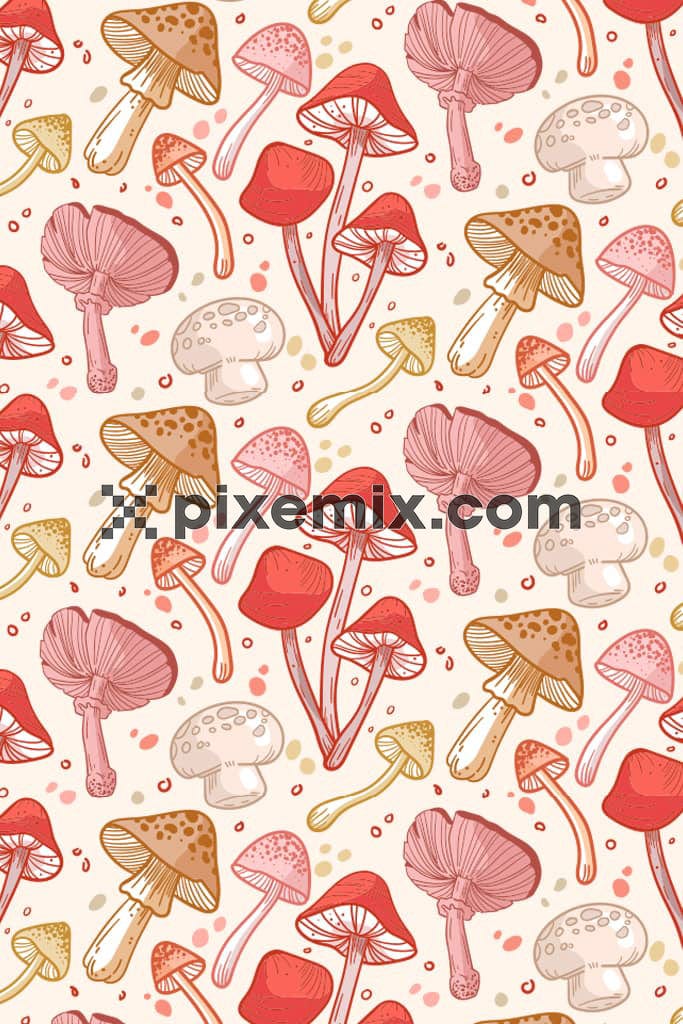 Doodle mushroom product graphic with seamless repeat pattern