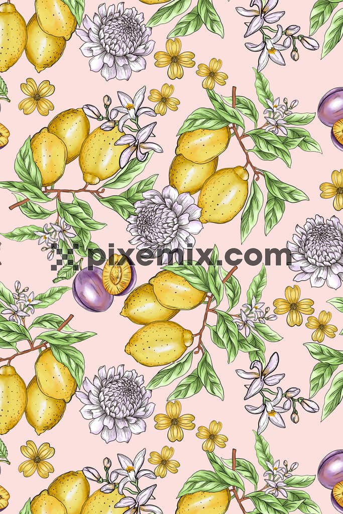 Lemon florals and leaves product graphic with seamless repeat pattern
