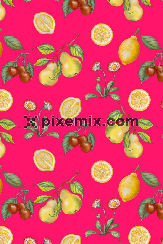 Digital fruits and leaves product graphic with seamless repeat pattern