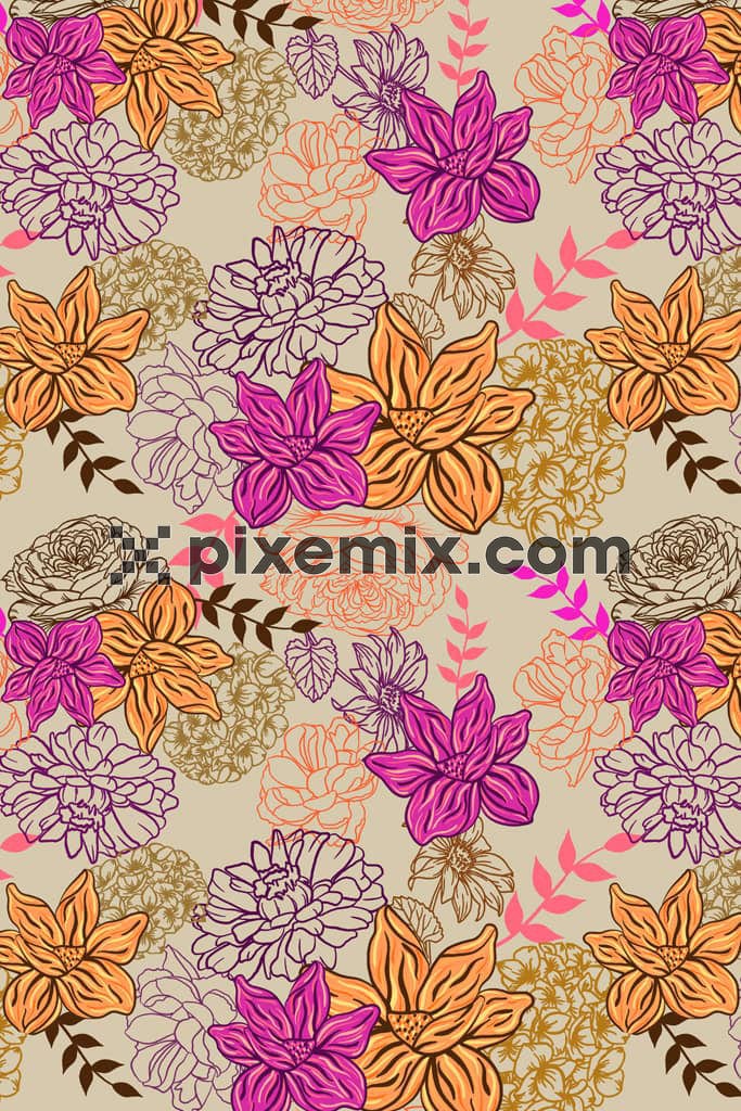 Lineart florals and leaves  product graphic with seamless repeat pattern