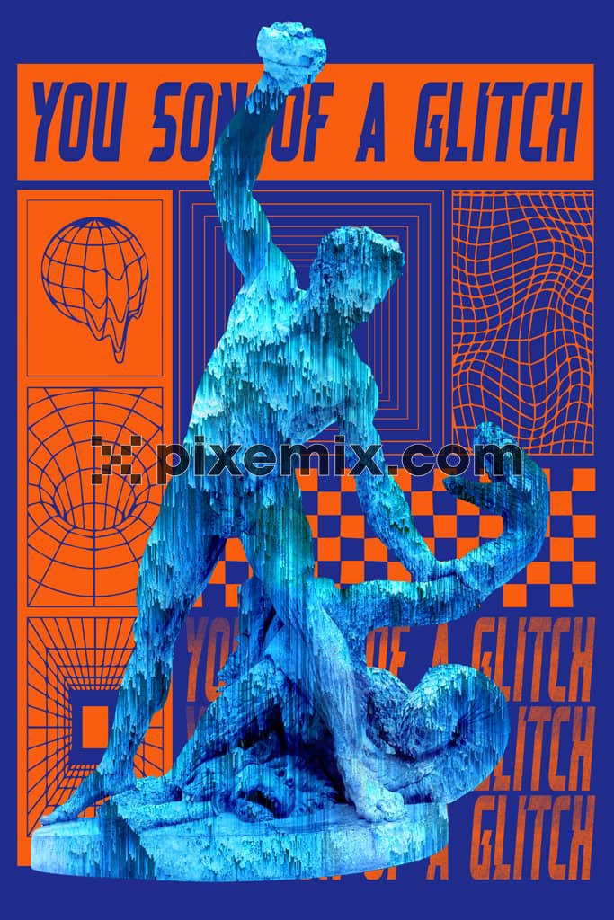 Photomanipulation inspired glitch statue and typography product graphic