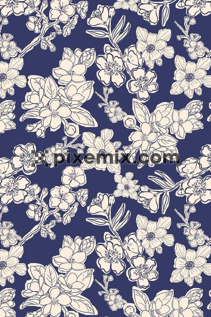 Doodle florals art product graphic with seamless repeat pattern