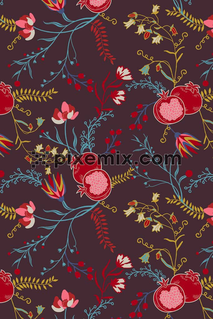 Doodle florals and fruits product graphic with seamless repeat pattern