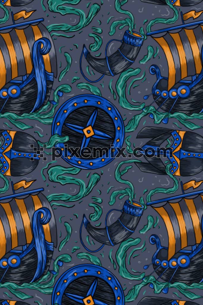 Doodle art inspired ship product graphic with seamless repeat pattern
