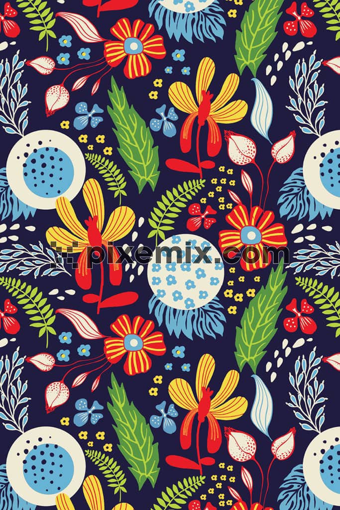 Doodle florals and leaves product graphic with seamless repeat pattern