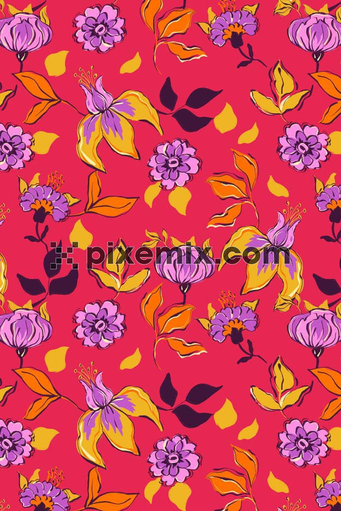 Pop florals and leaves product graphic with seamelss repeat pattern