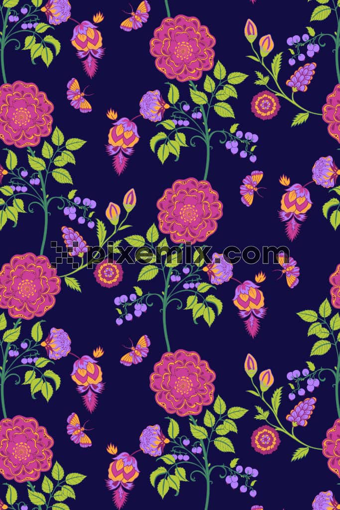 Florals around butterfly product graphic with seamless repeat pattern