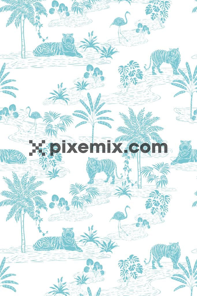 Doodle tiger and leaves product graphic with seamless repeat pattern