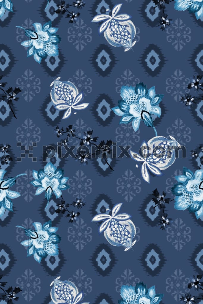 Ikkat florals and leaves product graphic with seamless repeat pattern