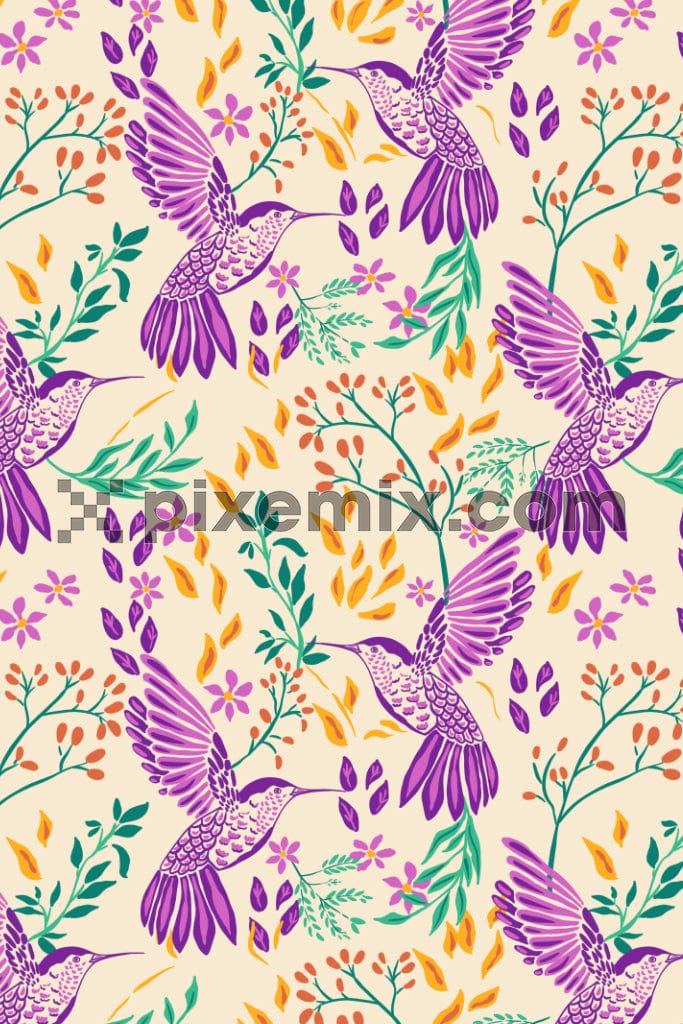 Doodle art inspired birds and leaves product graphic with seamless repeat pattern